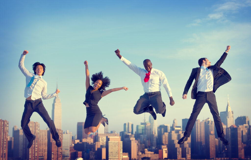 Happiness vs Success: Chicken or Egg 2 Jumping Happy Business People